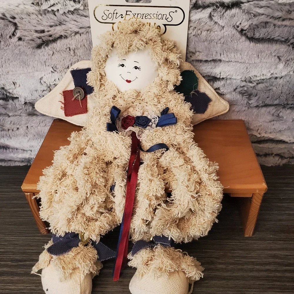 Dan Dee Soft Expressions Collectible Rustic Rag Angel Decorative Doll Blue Bows